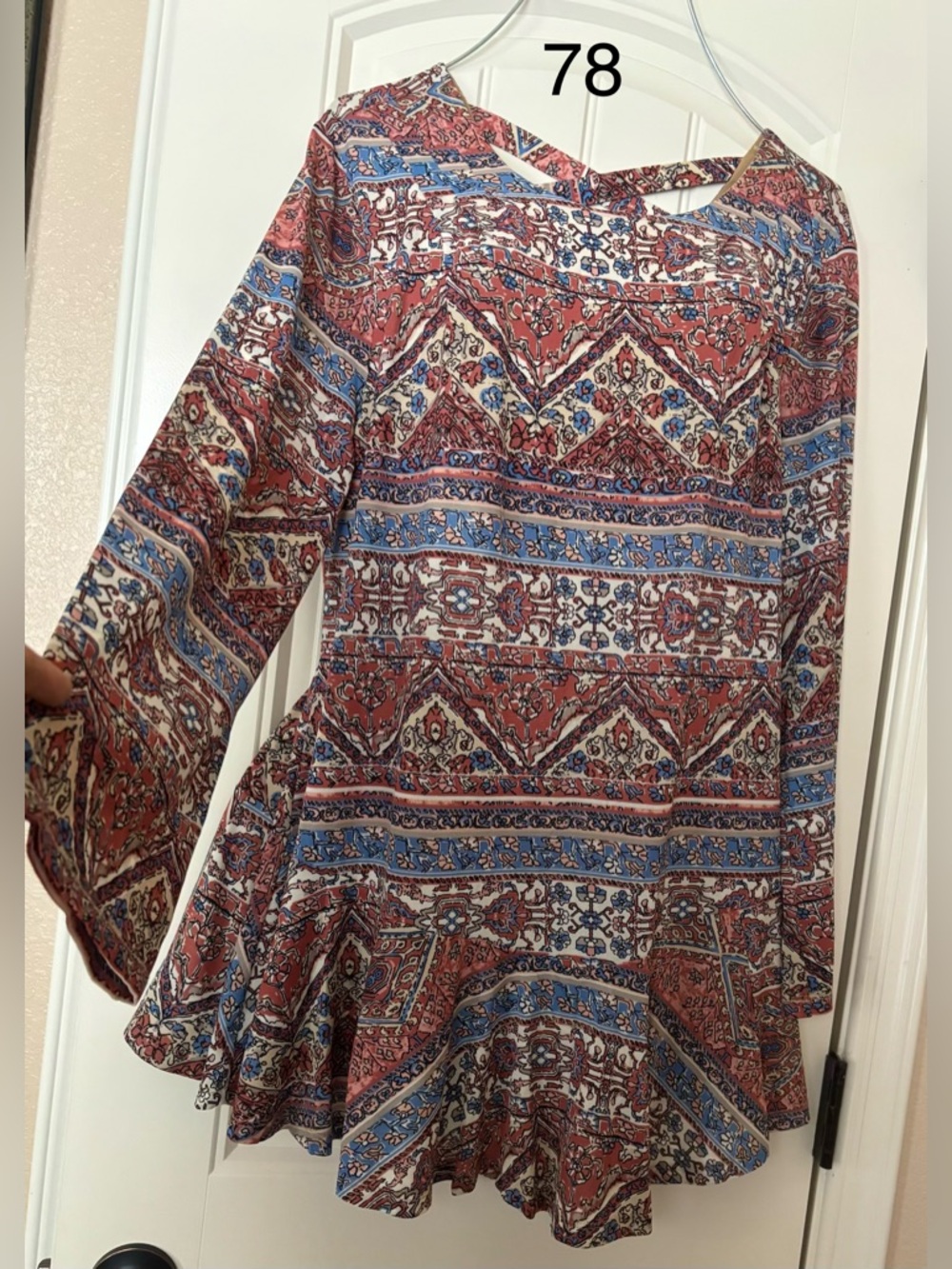 Boho Paisley Long Sleeve Tunic Dress in Rust and Blue